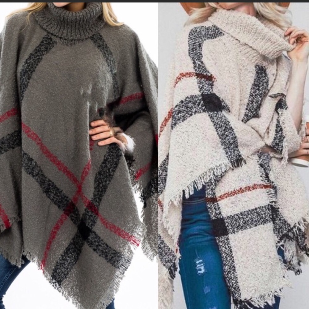 Heavyweight Gray Plaid Turtleneck Ponchos - Picture 1 of 4